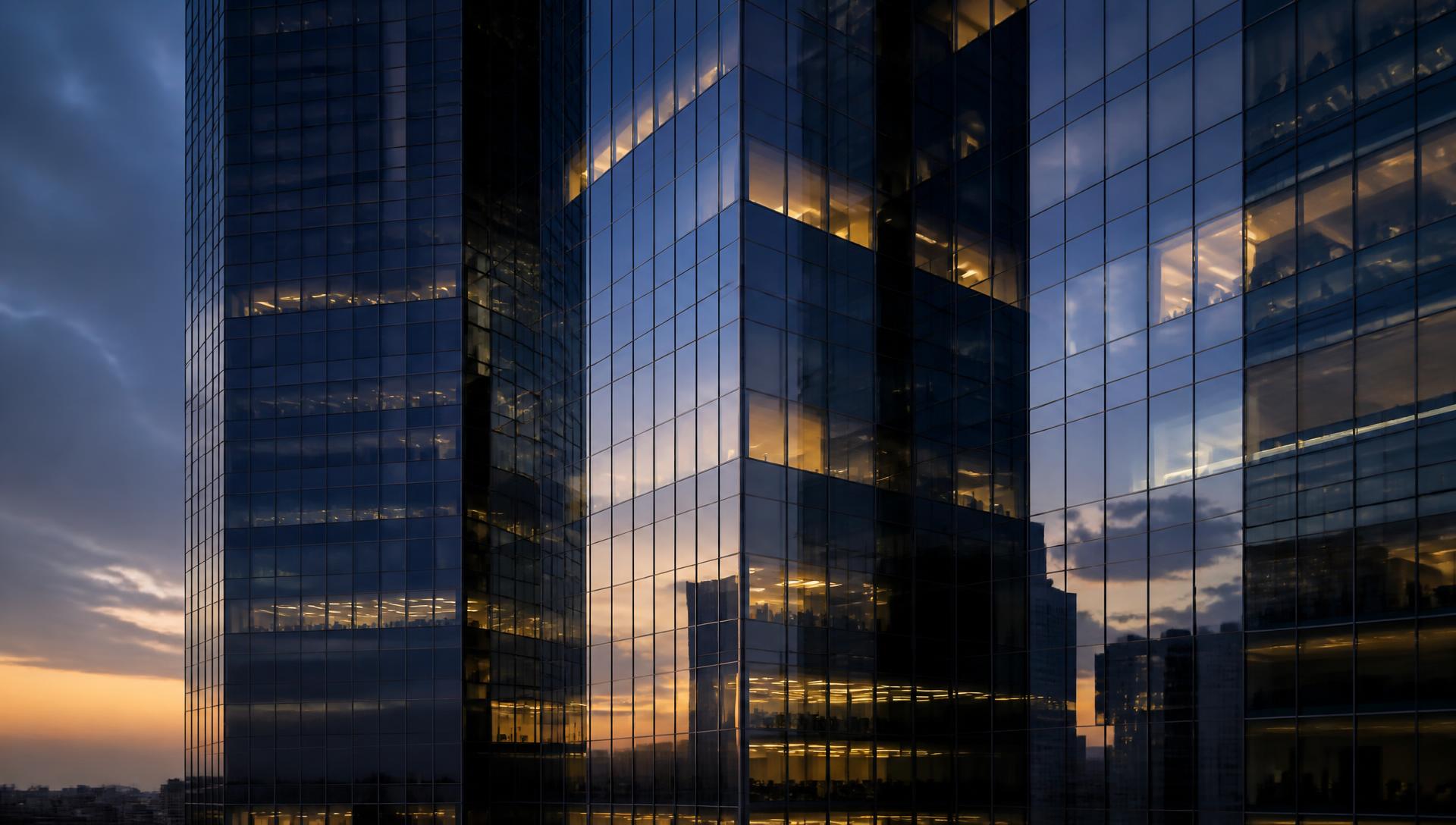 Glass facade of a modern financial-district tower at dusk