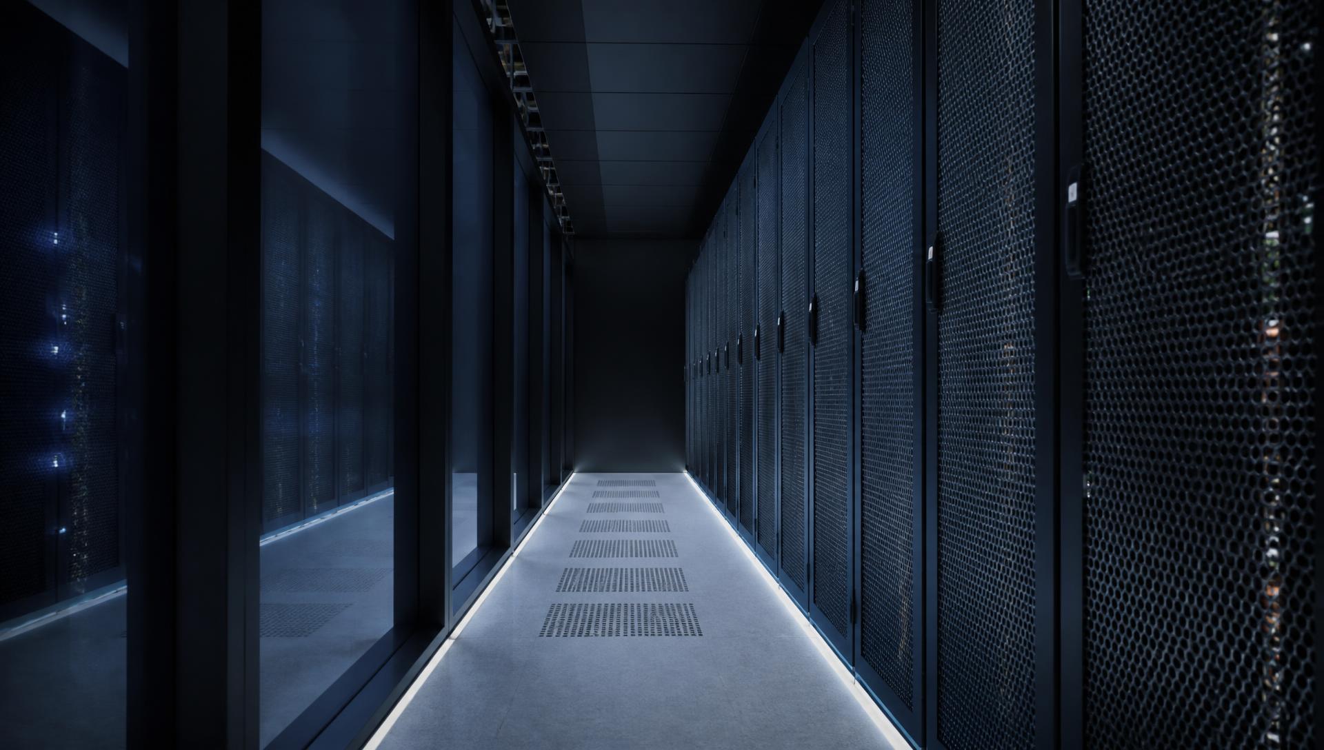 Corridor of a modern data centre in low light