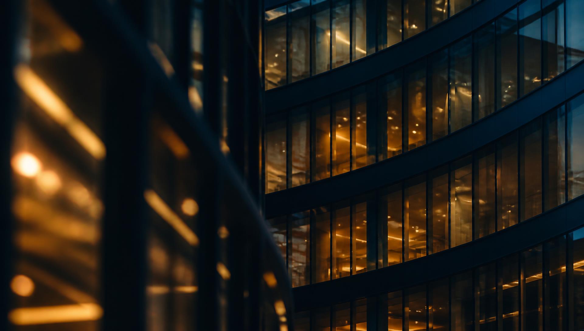 Abstract view of a modern financial building facade at dusk